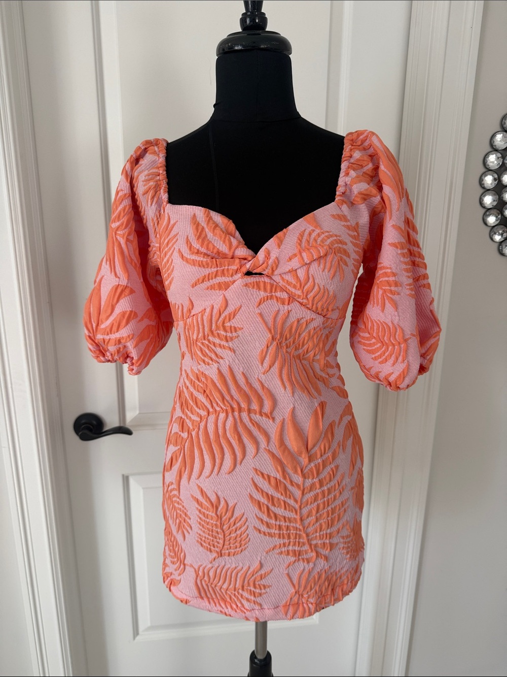 Boutique Women's Pink & Orange Puff-Sleeve Mini Dress XS NWT